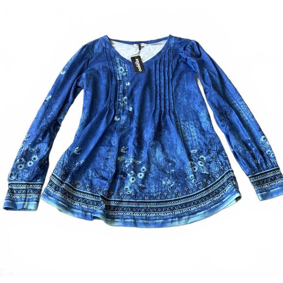 Zeagoo Tops - Zeagoo Blue Floral Boho Blouse Long Sleeve Peasant Top M